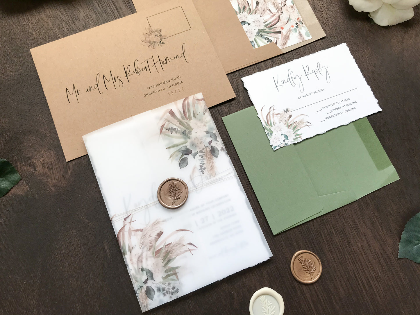 Boho Vellum Wedding Invitation with Wax Seal, Pampas Grass, Florals and Greenery
