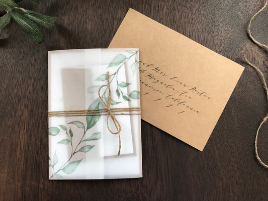 Vellum Wedding Invitation with Greenery and twine