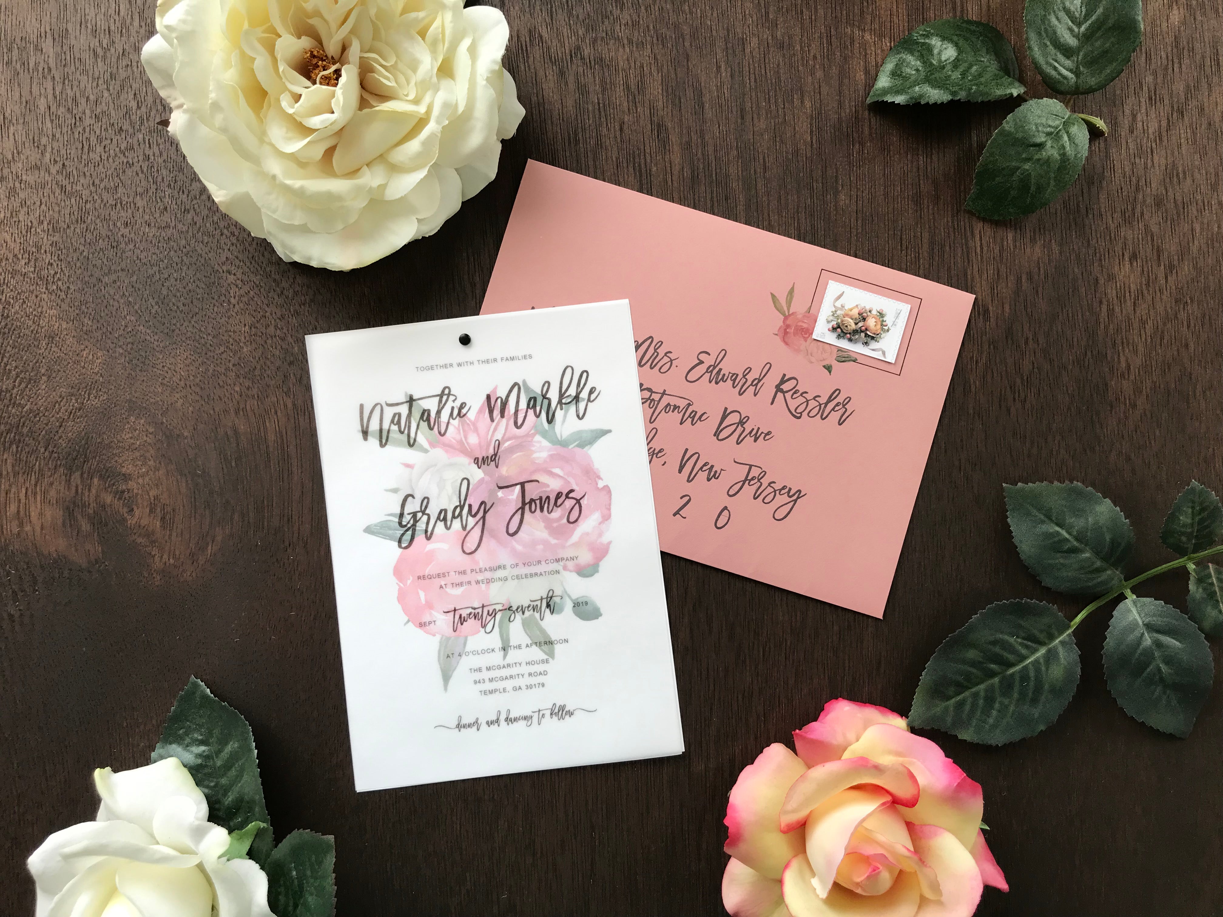 Dusty Rose Wedding Invitation with Vellum Cover