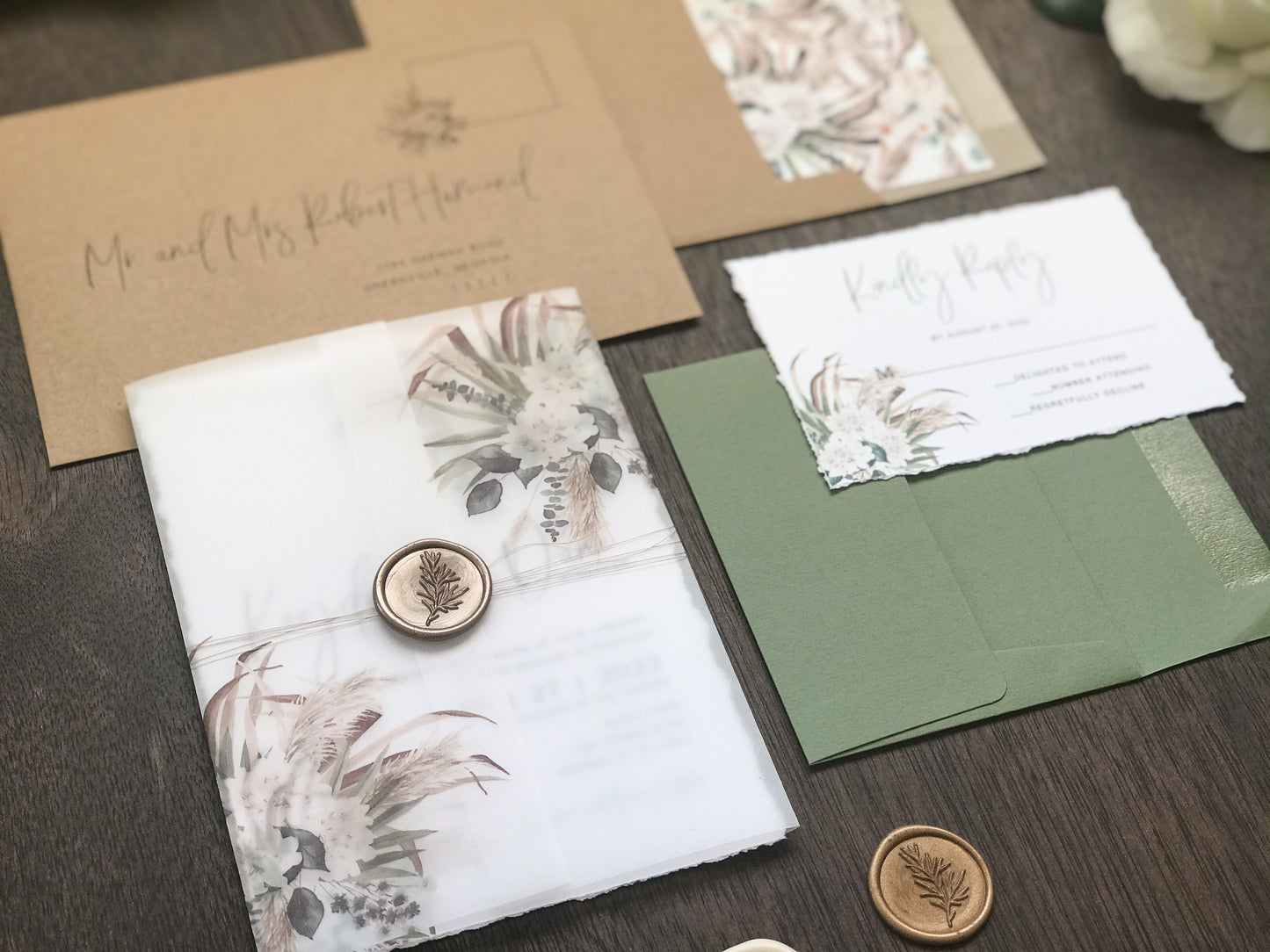 Boho Vellum Wedding Invitation with Wax Seal, Pampas Grass, Florals and Greenery