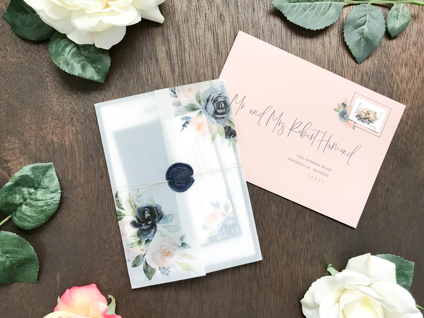 Blush Pink and Navy Blue Wedding Invitation with Vellum and Wax Seal