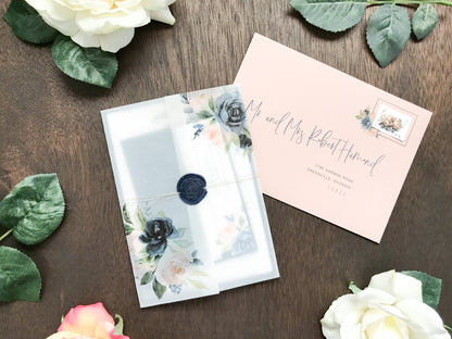 Blush Pink and Navy Blue Wedding Invitation with Vellum and Wax Seal