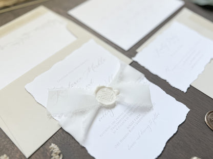 Classic Elegant Wedding Invitation with Deckled Edging, White Chiffon Ribbon & White Botanical Wax Seal