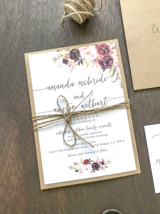 Burgundy, Blush and Plum Floral Wedding Invitation with twine