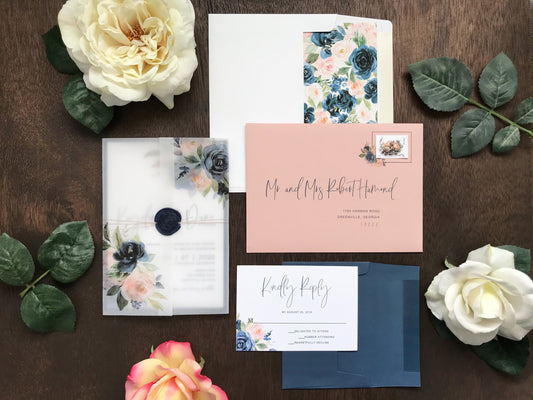 Blush Pink and Navy Blue Wedding Invitation with Vellum and Wax Seal