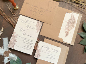Rustic Pampas Grass Wedding Invitation with Deckled Edge, Chiffon Silk Ribbon and Wax Seal