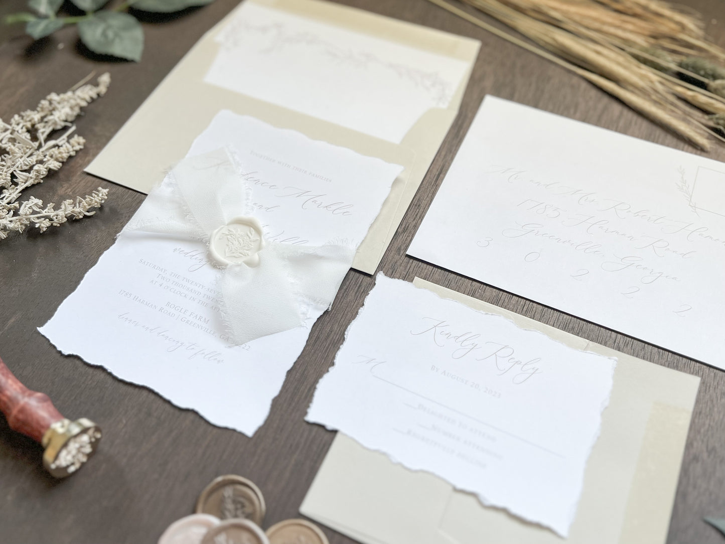 Classic Elegant Wedding Invitation with Deckled Edging, White Chiffon Ribbon & White Botanical Wax Seal
