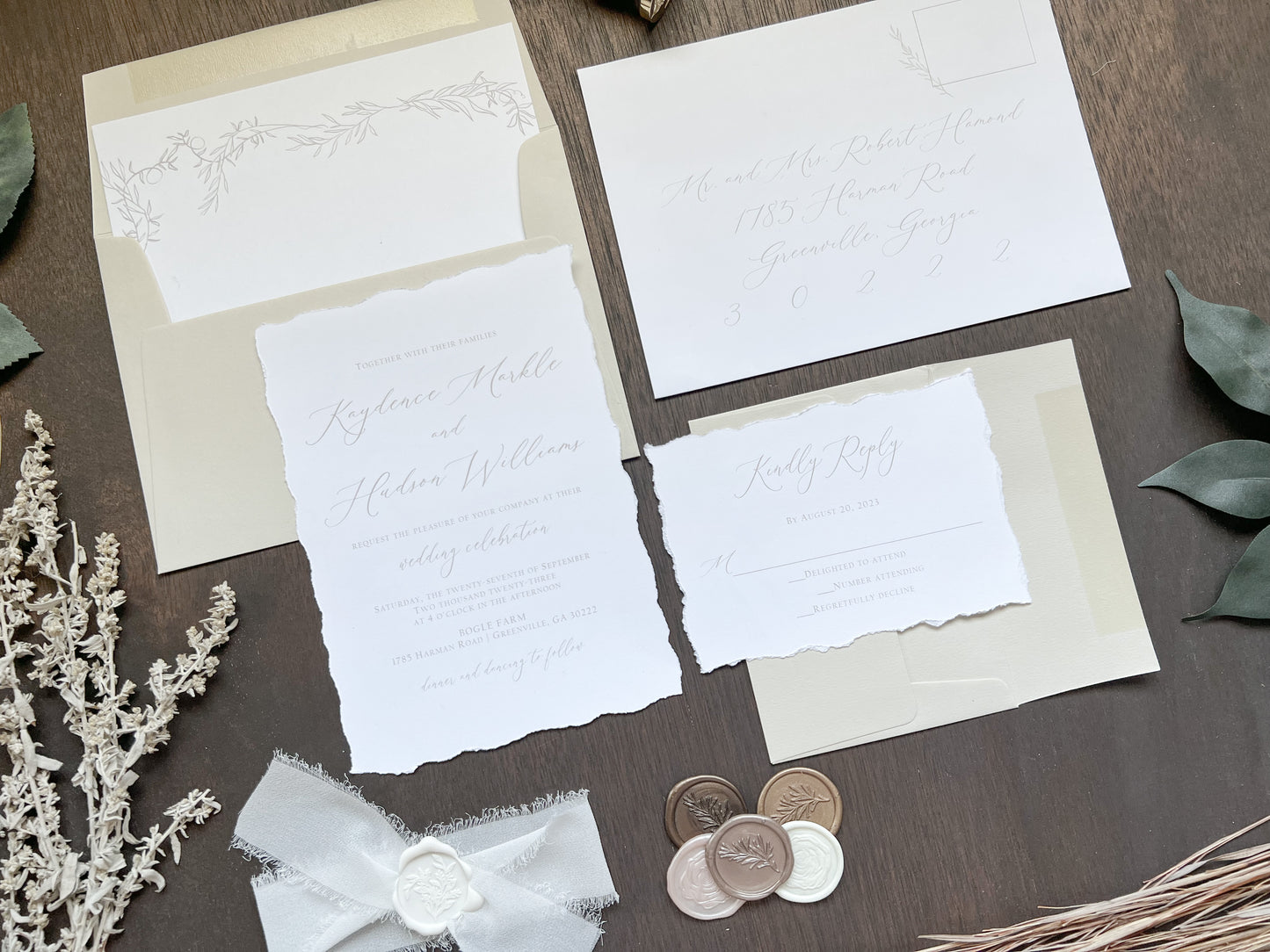 Classic Elegant Wedding Invitation with Deckled Edging, White Chiffon Ribbon & White Botanical Wax Seal