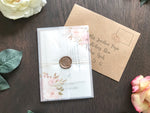 Blush Muted Pink and Neutral Floral Wedding Invitation with Vellum and Wax Seal