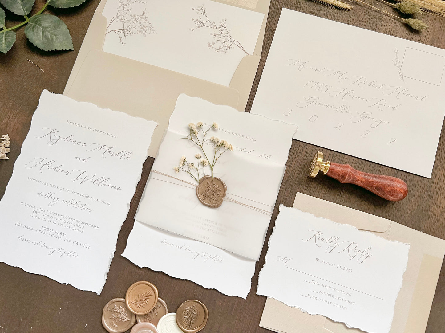 Elegant Wedding Invitation with Deckled Edging, Vellum Belly Band, Dried Baby’s Breath and Wax Seal