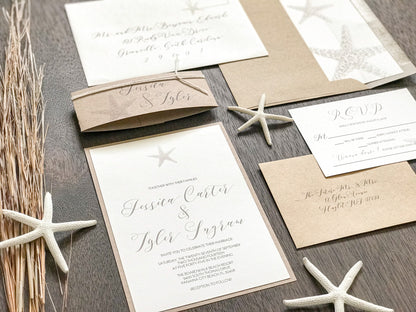 Rustic Beach Wedding Invitation with Personalized Kraft Bellyband and White Cord