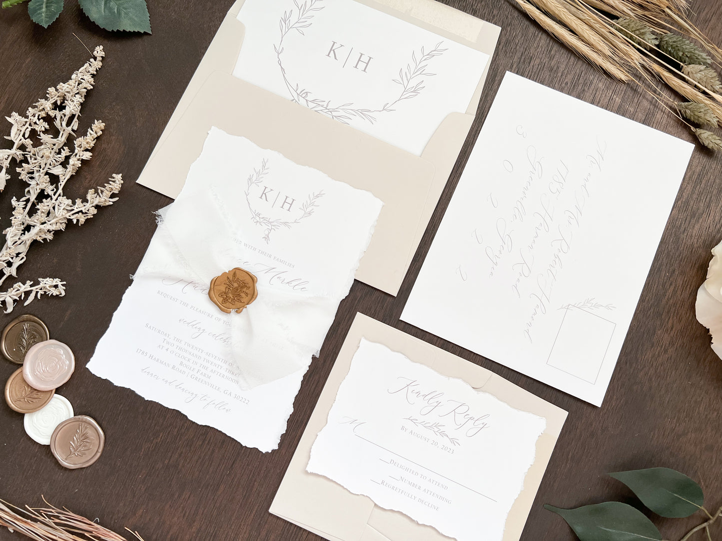Modern Elegant Wedding Invitation with Deckled Edging, White Chiffon Ribbon & Antique Gold Botanical Wax Seal with Laurel Wreath & Monogram