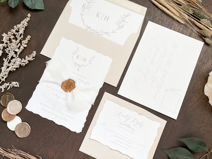 Modern Elegant Wedding Invitation with Deckled Edging, White Chiffon Ribbon & Antique Gold Botanical Wax Seal with Laurel Wreath & Monogram
