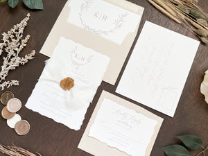 Modern Elegant Wedding Invitation with Deckled Edging, White Chiffon Ribbon & Antique Gold Botanical Wax Seal with Laurel Wreath & Monogram