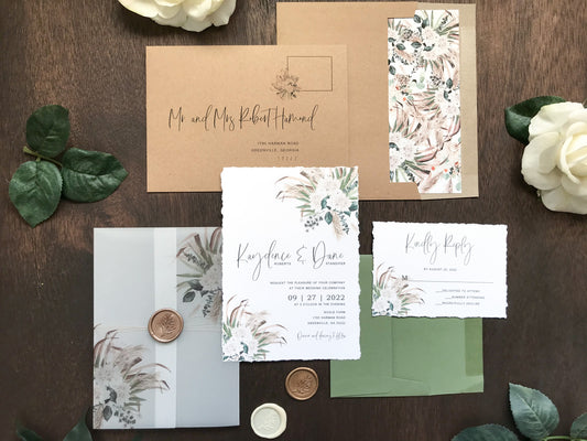 Boho Vellum Wedding Invitation with Wax Seal, Pampas Grass and Greenery