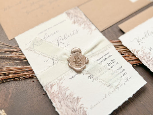 Rustic Pampas Grass Wedding Invitation with Deckled Edge, Chiffon Silk Ribbon and Wax Seal