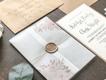 Blush Muted Pink and Neutral Floral Wedding Invitation with Vellum and Wax Seal