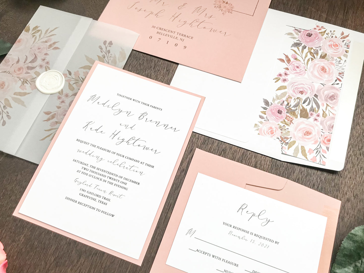 Blush Pink Floral Wedding Invitation with Vellum and Wax Seal