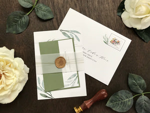 Greenery Wedding Invitation with Vellum Wax Seal Wrap