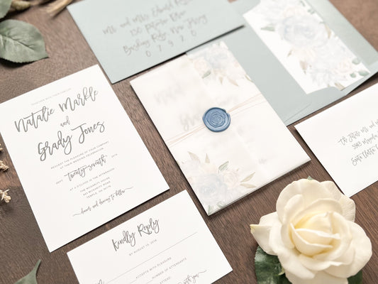Dusty Blue Wedding Invitation with Vellum and Wax Seal