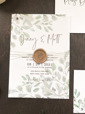 Greenery Vellum Wedding Invitation with Wax Seal wrap