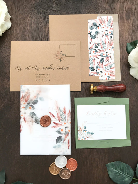 Boho Vellum Wedding Invitation with Wax Seal, Pampas Grass and Copper Foliage