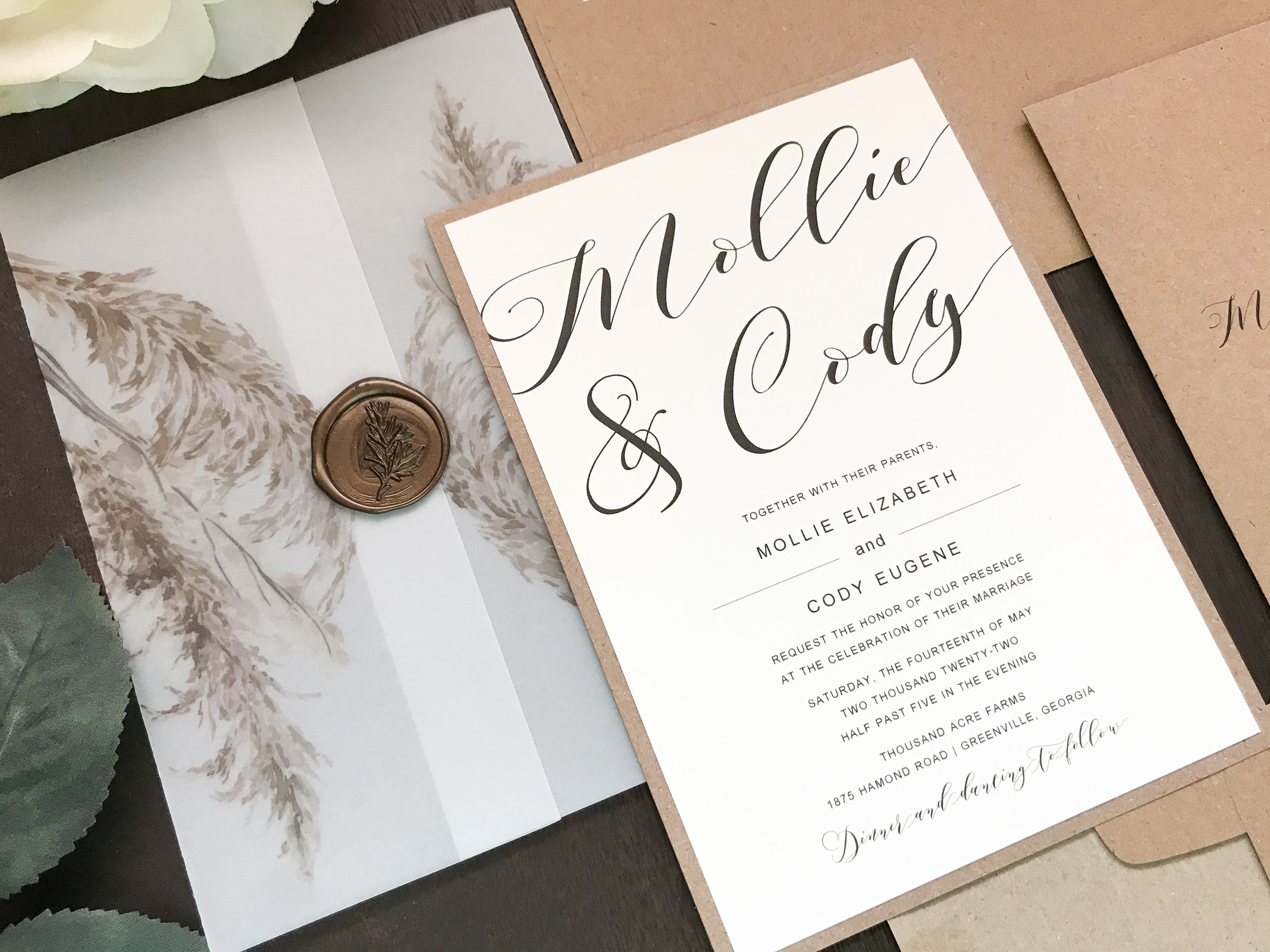 Pampas Grass Vellum Wedding Invitation with Wax Seal
