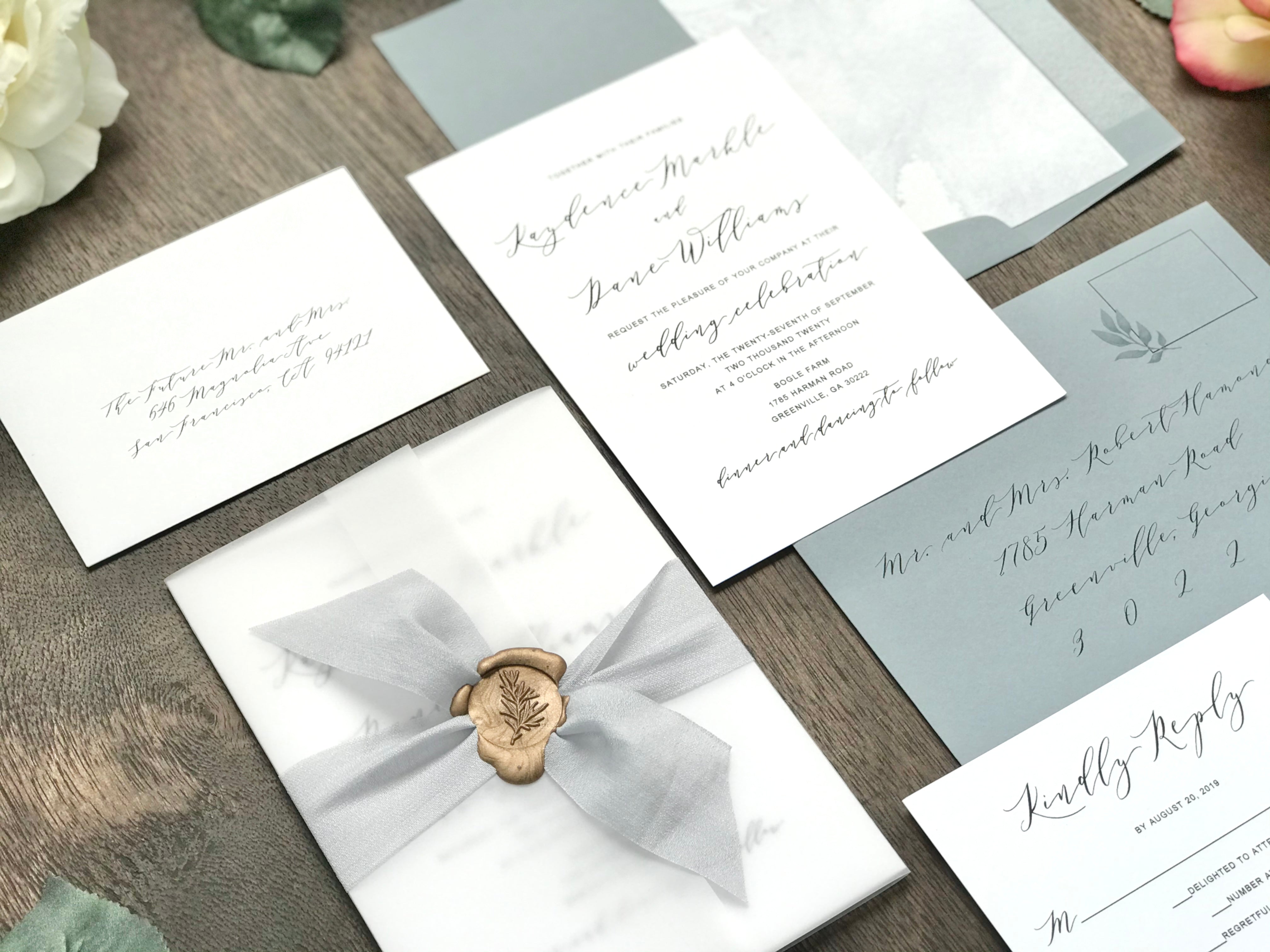Modern vellum floral wedding invite with dusty blue ribbon spring summer  WS183 - Wedding Invitations - Wedding Invites Paper