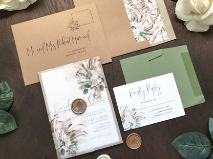 Boho Vellum Wedding Invitation with Wax Seal, White Flowers, Pampas Grass and Greenery