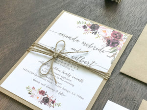 Burgundy, Blush and Plum Floral Wedding Invitation with twine