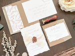 Vintage Formal Elegant Wedding Invitation with Deckled Edging, Light Nude Chiffon Ribbon & Copper Wax Seal