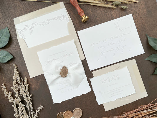 Classic Elegant Wedding Invitation with Deckled Edging, White Chiffon Ribbon & Wax Seal