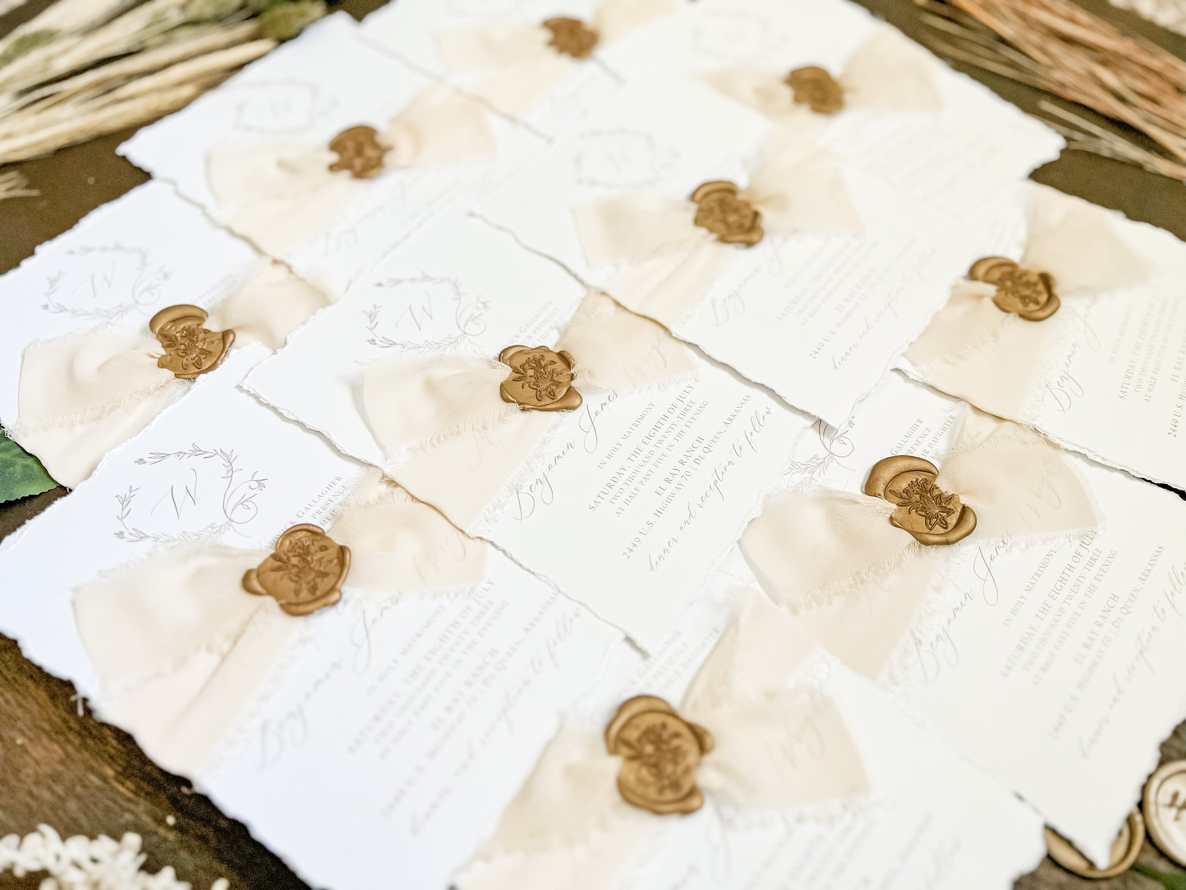 Modern Elegant Wedding Invitation with Deckled Edging, Light Nude Chiffon Ribbon & Antique Gold Botanical Wax Seal with Laurel Wreath & Monogram