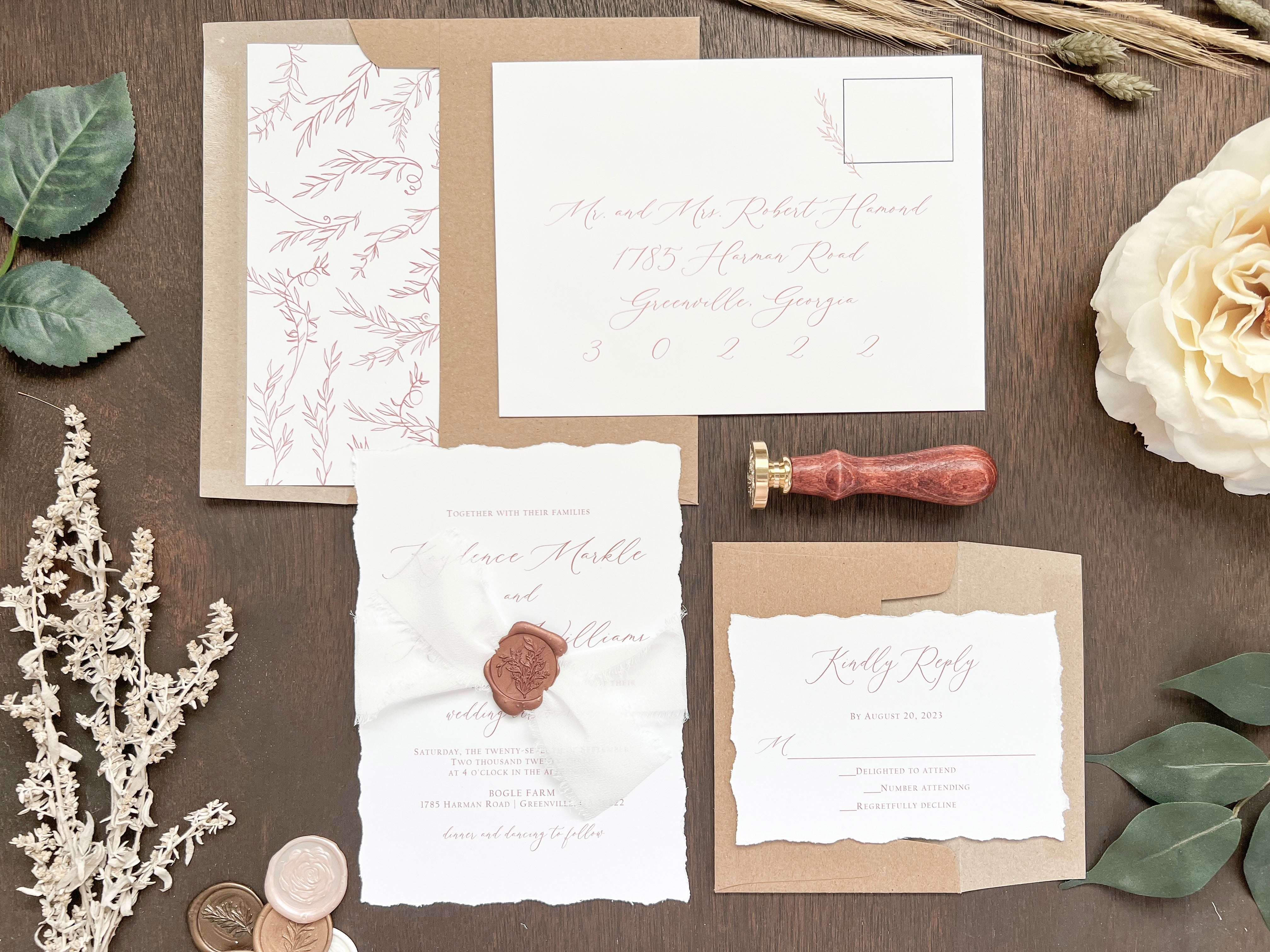 Vintage Formal Elegant Wedding Invitation with Deckled Edging, White Chiffon Ribbon & Copper Wax Seal