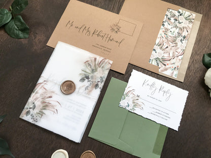 Boho Vellum Wedding Invitation with Wax Seal, Pampas Grass, Florals and Greenery