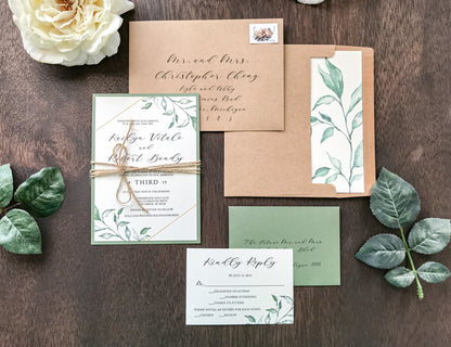 Geometric Greenery Wedding Invitation with twine