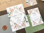 Boho Wedding Invitation with Vellum Cover, Wax Seal, Pampas Grass, White Flowers and Copper Foliage