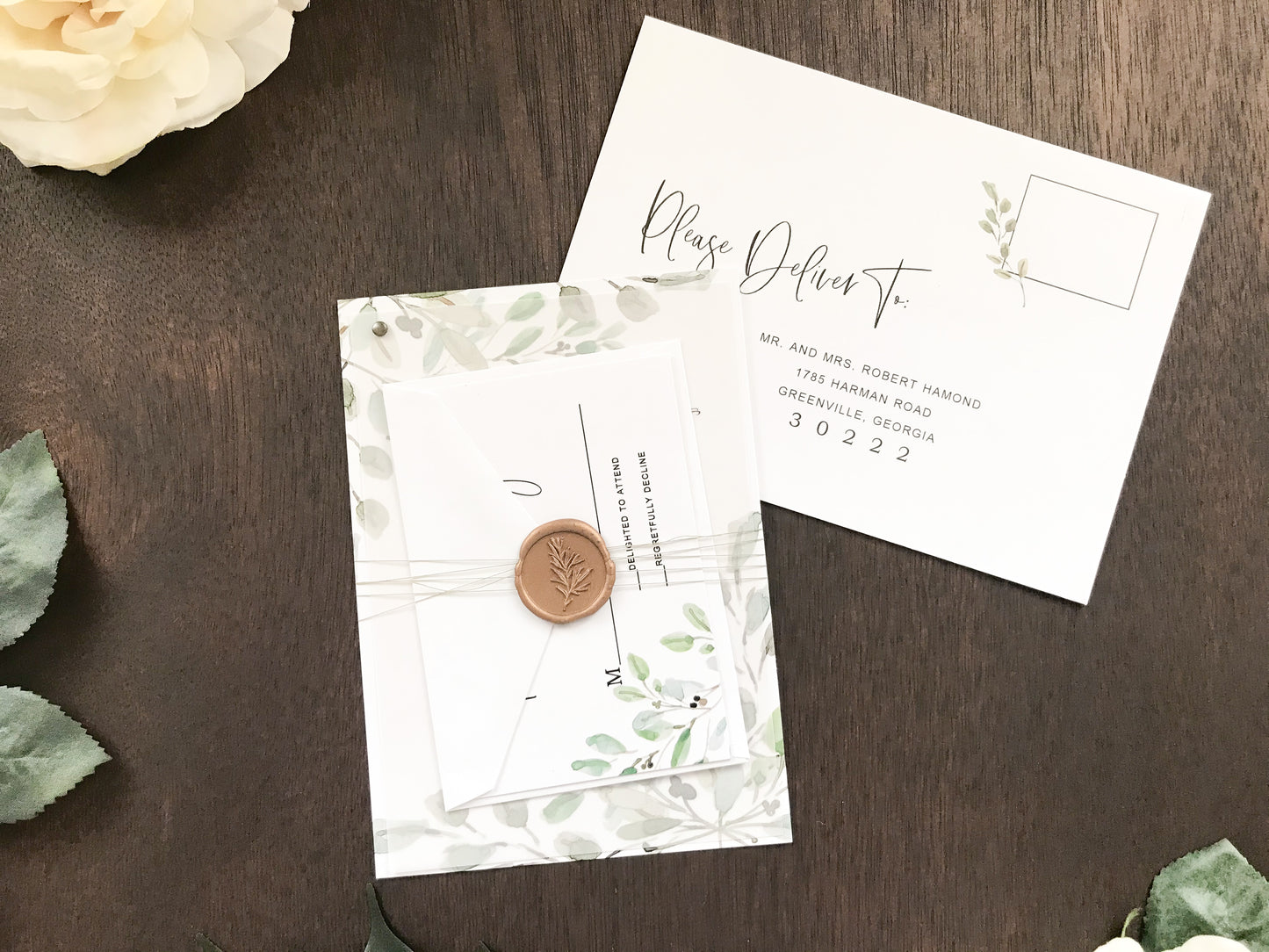 Greenery Vellum Wedding Invitation with Wax Seal wrap