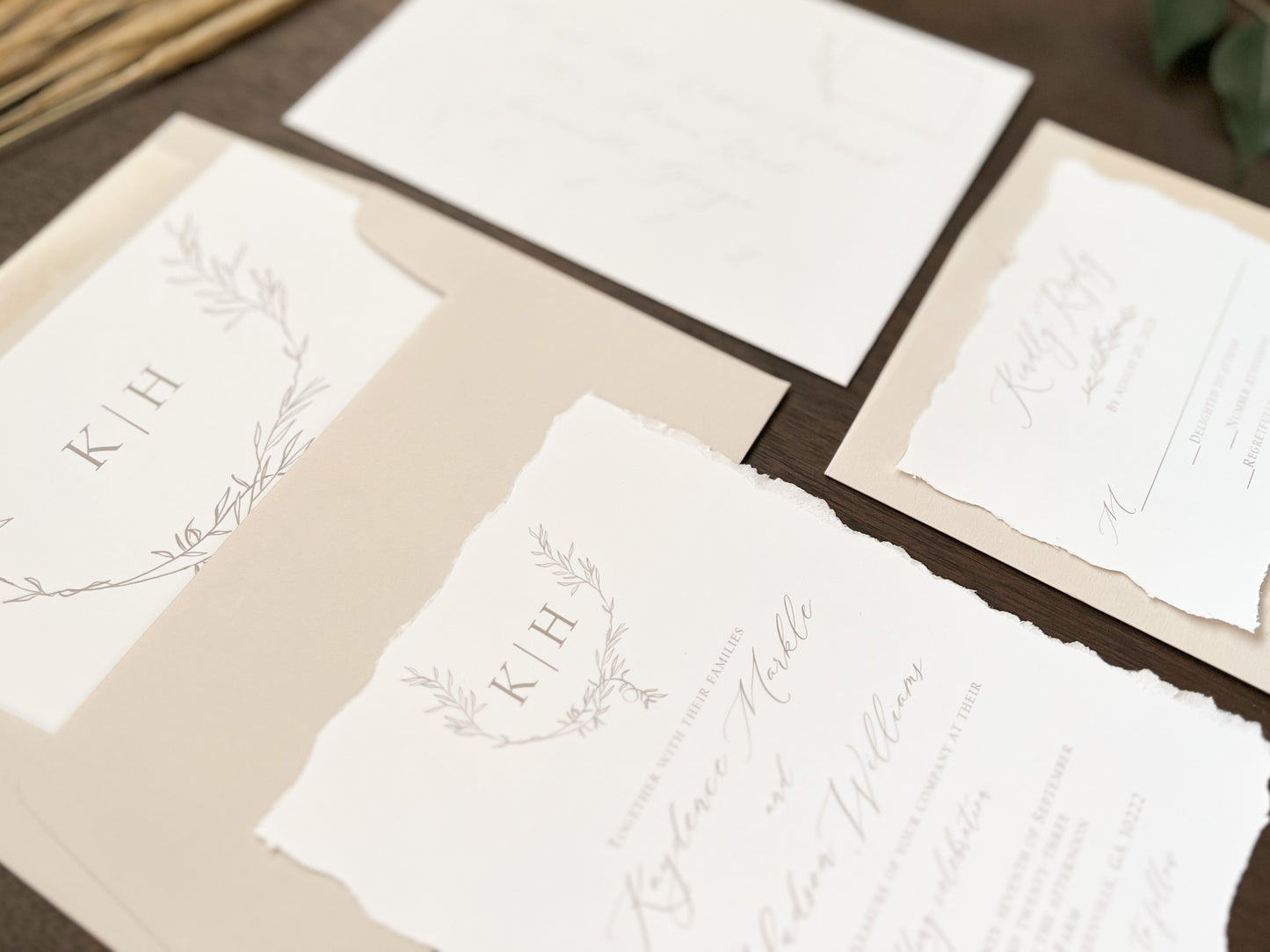 Modern Elegant Wedding Invitation with Deckled Edging, White Chiffon Ribbon & Antique Gold Botanical Wax Seal with Laurel Wreath & Monogram