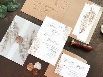Deckled Edge Boho Vellum Wedding Invitation with Wax Seal and Pampas Grass