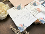 Navy Blue and Blush Pink Wedding Invitation with Deckled Edge, White Ribbon, Wax Seal and Greenery