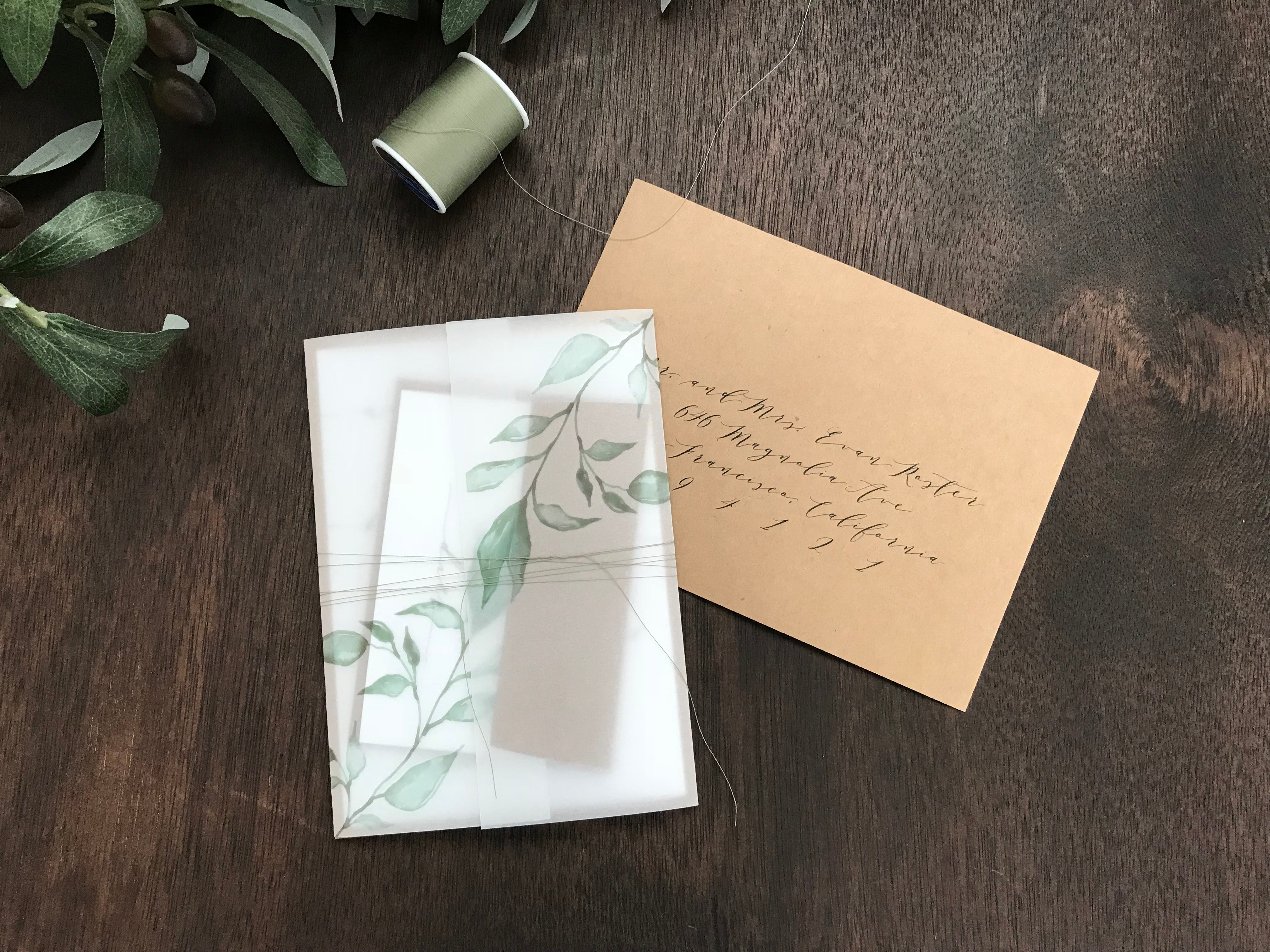 Vellum Wedding Invitation with Greenery and thread
