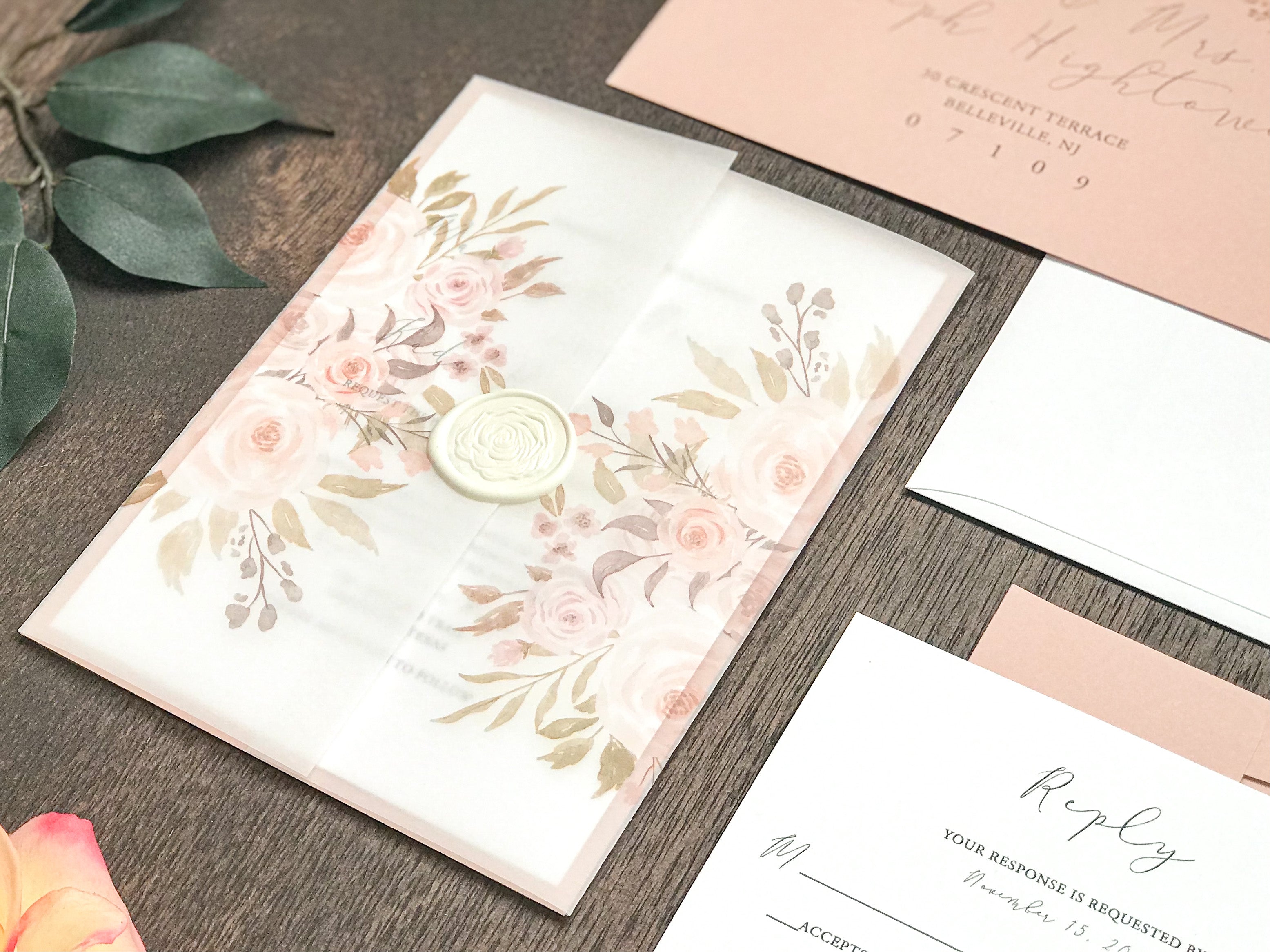 Blush Pink and Neutral Floral Wedding Invitation with Vellum and Wax Seal