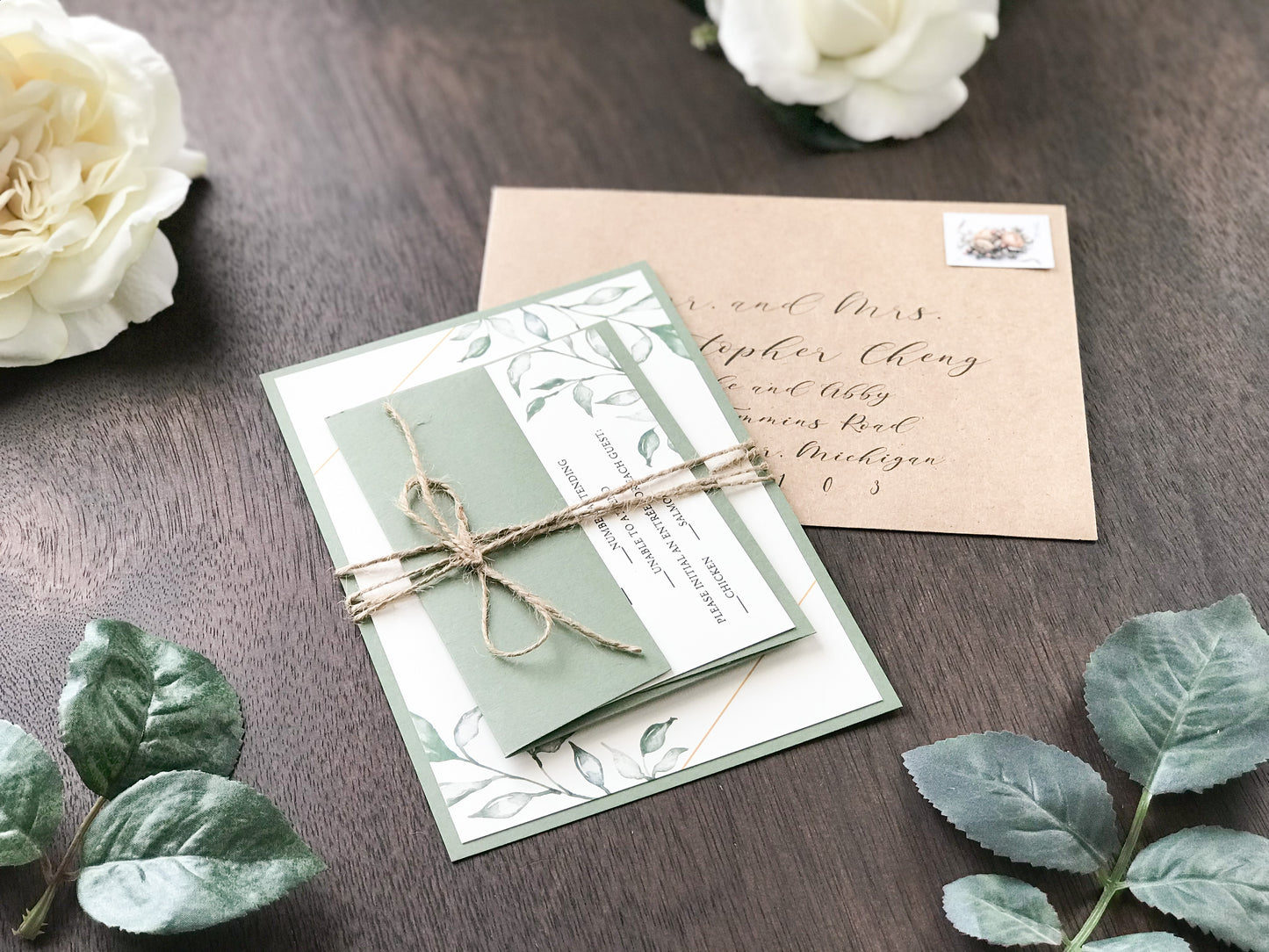 Geometric Greenery Wedding Invitation with twine