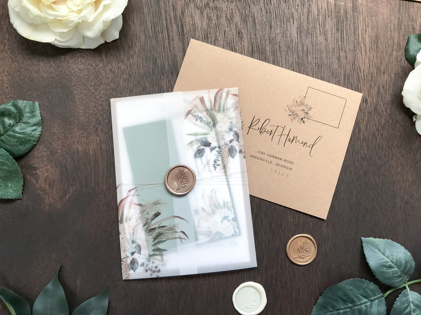 Boho Vellum Wedding Invitation with Wax Seal, White Flowers, Pampas Grass and Greenery