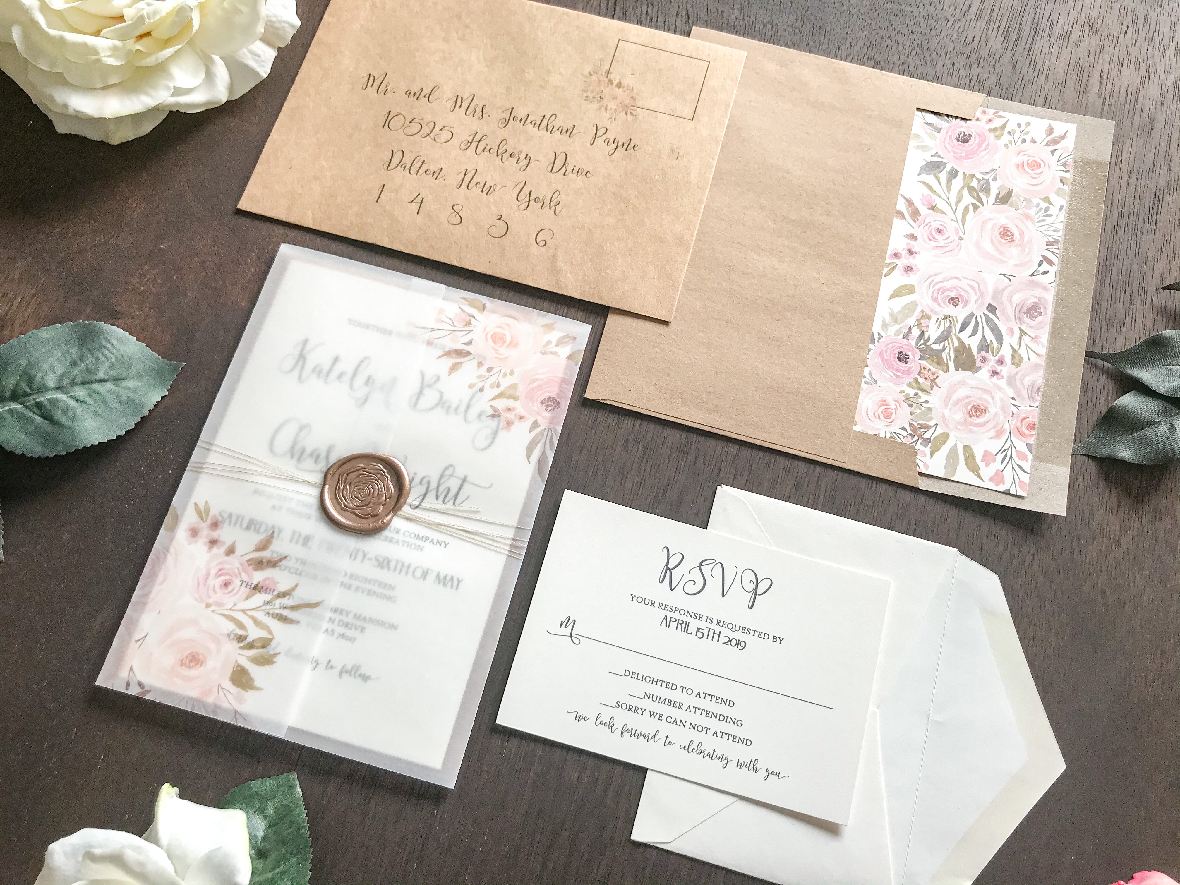 Blush Pink and Navy Blue Wedding Invitation with Vellum and Wax Seal –  Creative Custom Prints by Tabitha