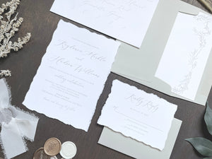 Classic Formal Elegant Wedding Invitation with Deckled Edging, White Chiffon Ribbon & Gray Wax Seal