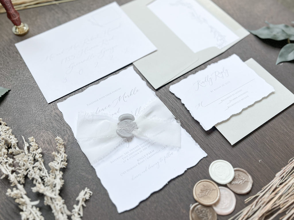 Classic Formal Elegant Wedding Invitation with Deckled Edging, White Chiffon Ribbon & Gray Wax Seal
