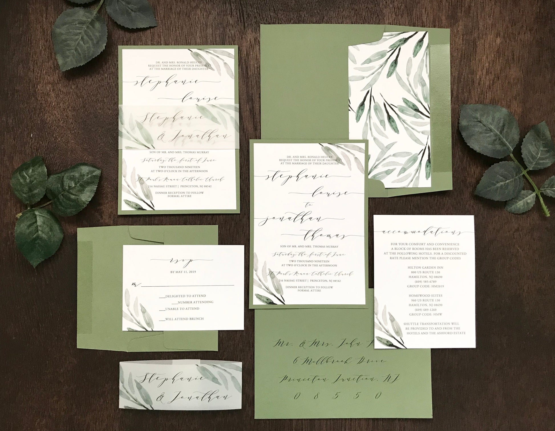 Greenery Wedding Invitation with Vellum belly band