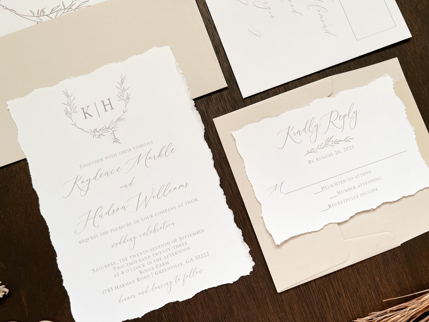 Modern Elegant Wedding Invitation with Deckled Edging, White Chiffon Ribbon & Antique Gold Botanical Wax Seal with Laurel Wreath & Monogram
